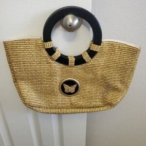 Braciano Straw Beach Bag Double Wood Handles Fabric Lined Snap Closure